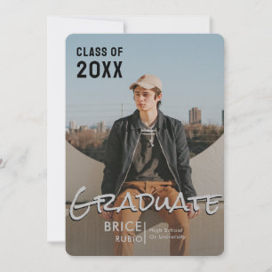 Trendy Script Overlay Silver Photo Graduation Announcement