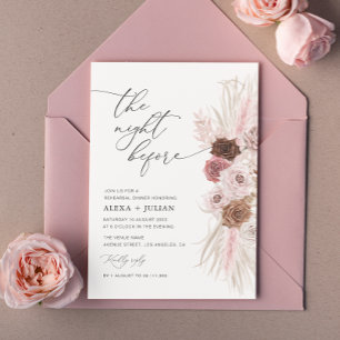 trendy script pampas dusty pink rehearsal dinner invitation