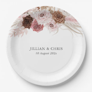 trendy script pampas dusty pink wedding paper plate