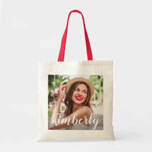 trendy script personalized image and name tote bag