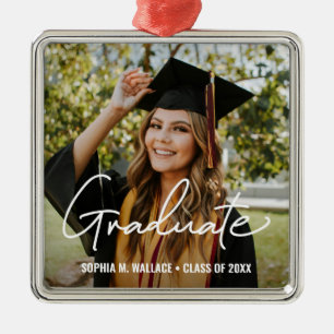 Trendy Script Personalized Photo Graduate Metal Ornament