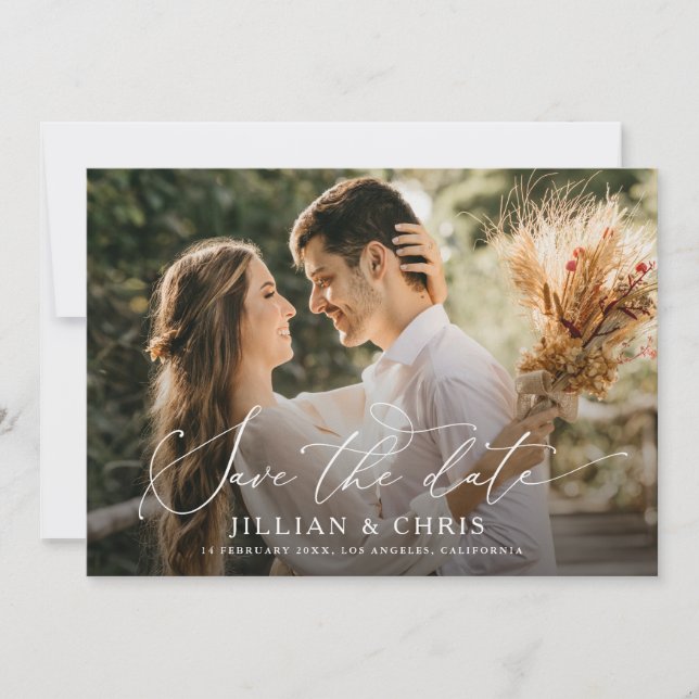 trendy script photo wedding save the date card (Front)