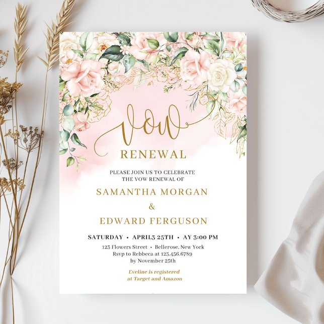 Trendy script soft pink roses and gold vow renewal invitation (Ethereal bohemian pink roses sage eucalyptus and gold vow renewal invitation )