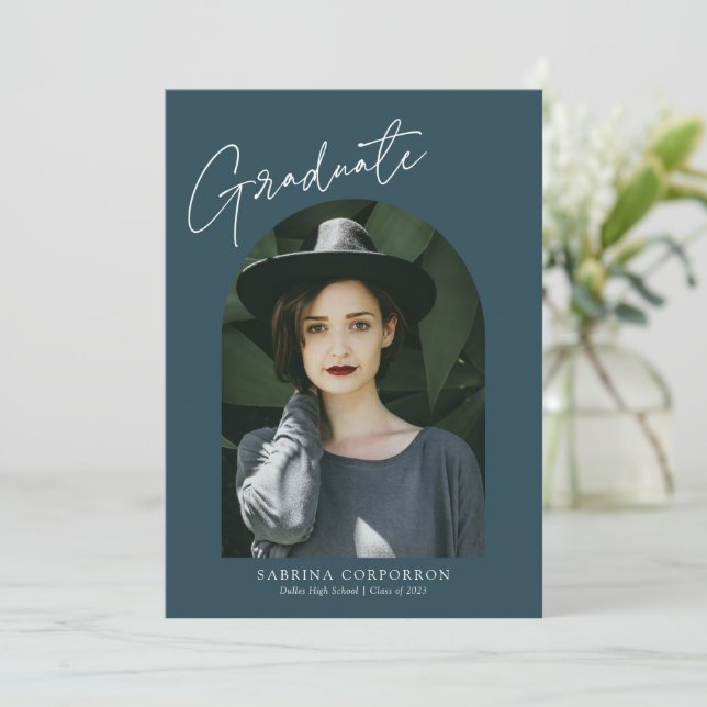 Trendy Script with Arch Two Photo Graduation  Anno Announcement (Standing Front)