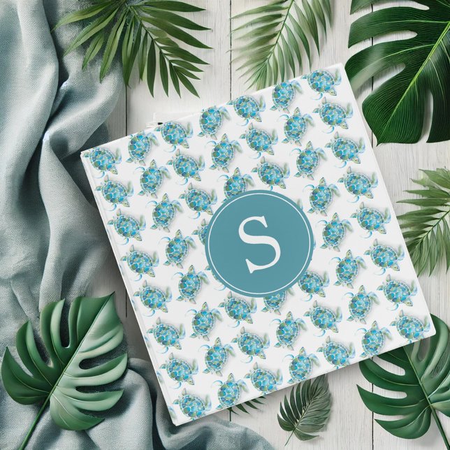Trendy Sea Turtle Turquoise 3 Ring Binder (Personalized 3 ring binder watercolor turquoise sea turtle pattern & monogram Victoria Grigaliunas)