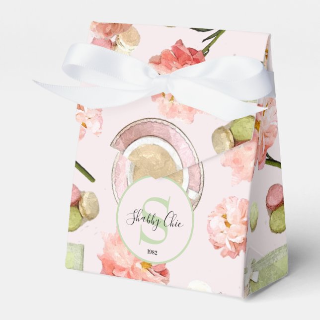 Trendy Shabby Chic Peonies and Macarons Set Favor Box (Front Side)