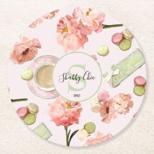 Trendy Shabby Chic Peonies and Macarons Set Round Paper Coaster