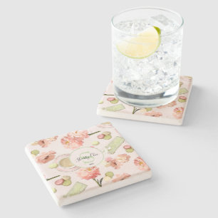 Trendy Shabby Chic Peonies and Macarons Set Stone Coaster