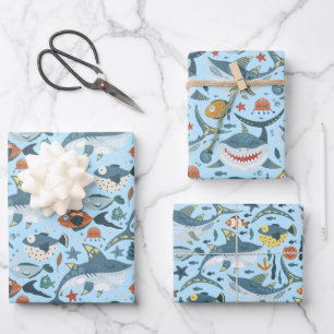 Trendy Sharks Theme Under The Sea Birthday Decor Wrapping Paper Sheet