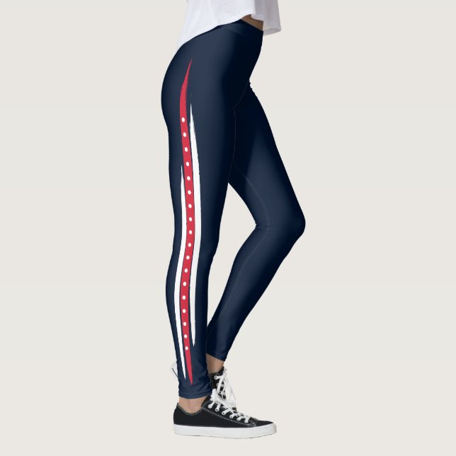 Trendy Side Stripe Brush Red White Navy Dots Leggings (Right)
