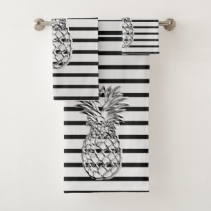 Trendy Silver and Black Striped Silver Pineapple  Bath Towel Set