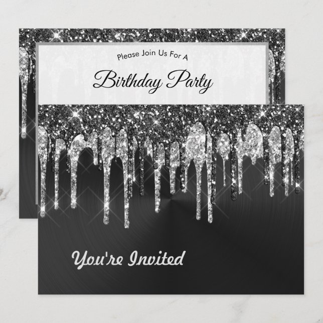 Trendy Silver Black Glitter Drips Graphic Birthday Invitation (Front/Back)