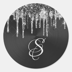 Trendy Silver Black Glitter Drips Graphic Monogram Classic Round Sticker