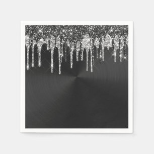 Trendy Silver Black Glitter Drips Graphic Napkin