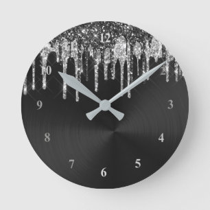 Trendy Silver Black Glitter Drips Graphic Round Clock