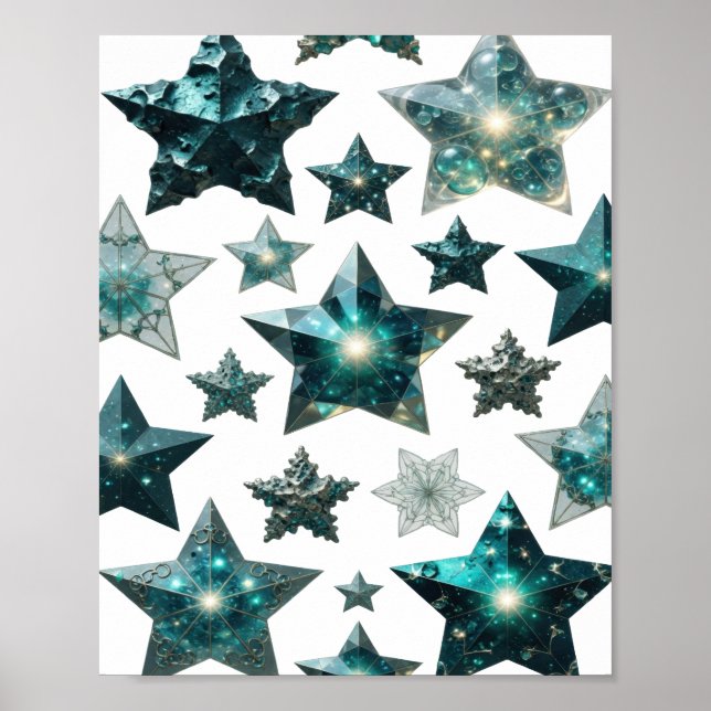 Trendy Silver BLUE STARS 3D Text Art Poster (Front)
