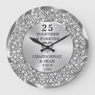Trendy Silver Diamonds 25th Anniversary Large Clock
