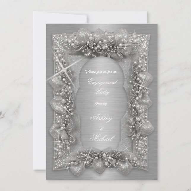 trendy silver engagement party sparkles lustre invitation (Front)