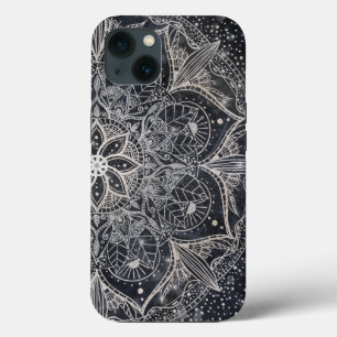 Trendy Silver Floral Mandala Blue Marble Design iPhone 13 Case