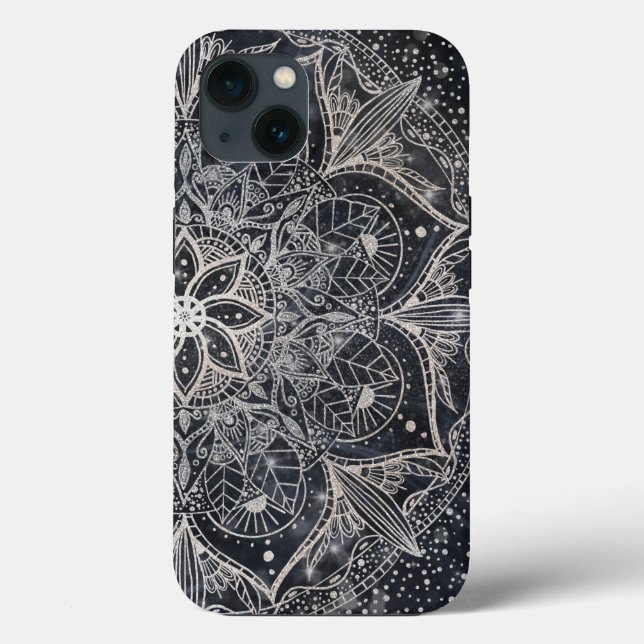 Trendy Silver Floral Mandala Blue Marble Design Case-Mate iPhone Case (Back)