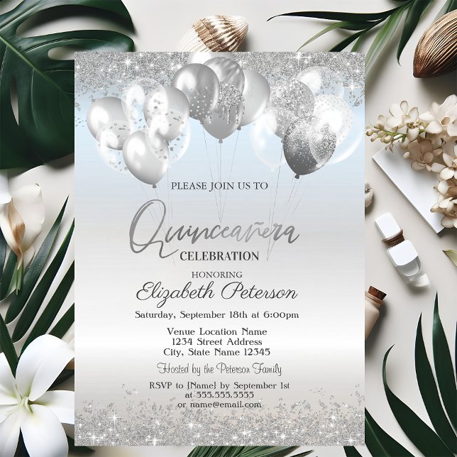 Trendy Silver Glitter Diamonds Balloons   Invitation (Creator Uploaded)