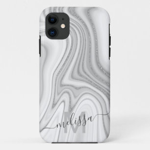Trendy silver glitter sparkle marble name monogram iPhone 11 case
