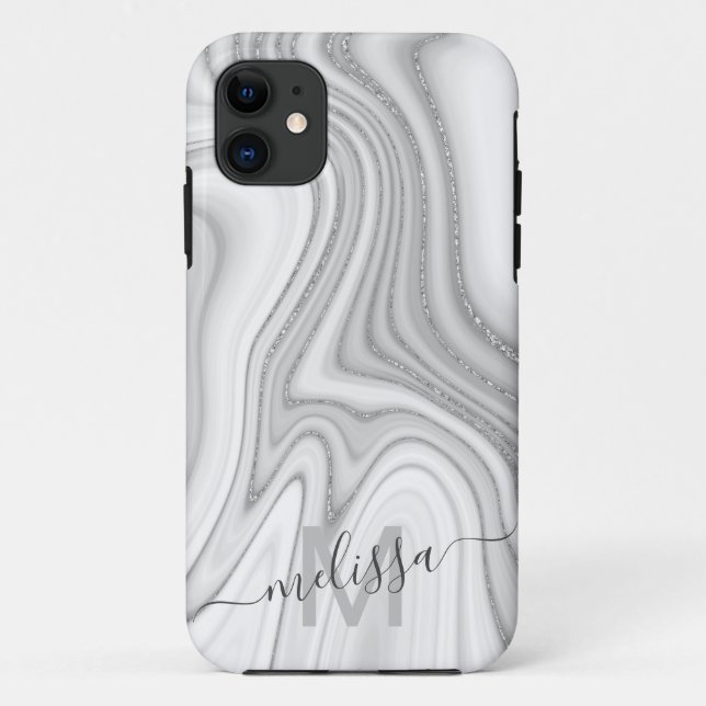 Trendy silver glitter sparkle marble name monogram Case-Mate iPhone case (Back)