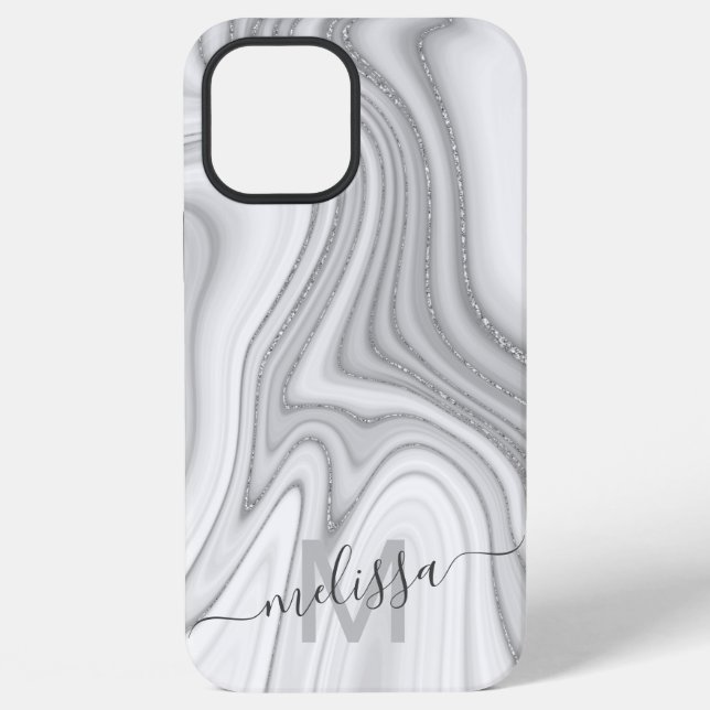 Trendy silver glitter sparkle marble name monogram iPhone case (Back)