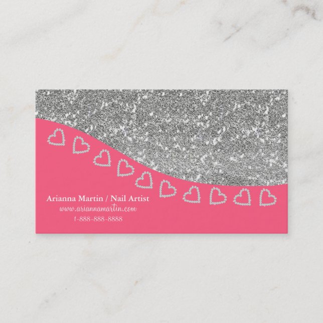 Trendy Silver Glitter & Tiny Diamond Hearts Bling Business Card (Front)