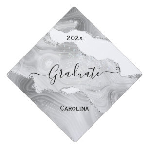 Trendy Silver Grey Agate Graduation Cap Topper