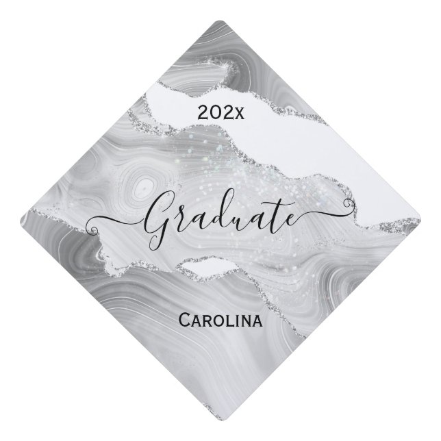 Trendy Silver Grey Agate Graduation Cap Topper (Front)