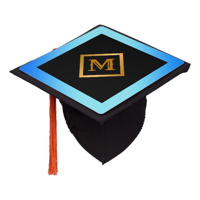 Trendy Simple Customize Gold Blue Sky Graduation Cap Topper (Angled)