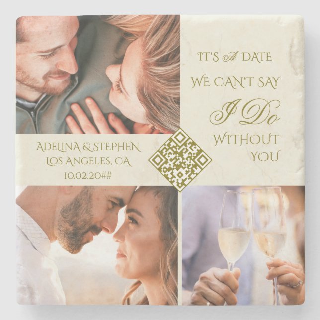 Trendy Simple Three Photo QR CODE Save The Date Stone Coaster (Front)