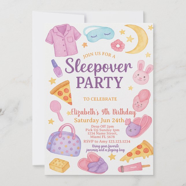 Trendy Sleepover Birthday Invitation (Front)
