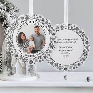 Trendy Snowflakes Black and White Happy Holidays Ornament Card