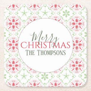 Trendy Snowflakes Holiday Green Whimsical Square Paper Coaster