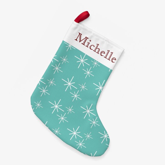 Trendy Snowflakes Teal Personalized Small Christmas Stocking (Front (Hanging))