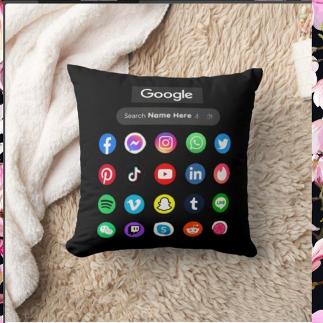 Trendy Social Media Icons Google Search Bar Black Throw Pillow (Creator Uploaded)