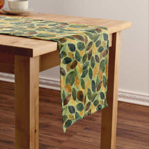 Trendy soft pastel orange yellow brown fall leaves short table runner