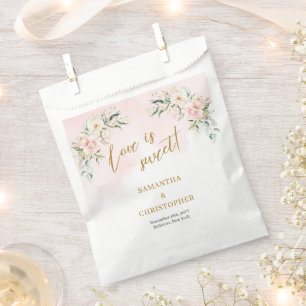Trendy soft pink roses eucalyptus gold wedding favour bag