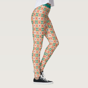 Trendy Southwestern Pattern Salmon Teal Leggings