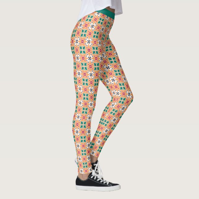 Trendy Southwestern Pattern Salmon Teal Leggings (Right)