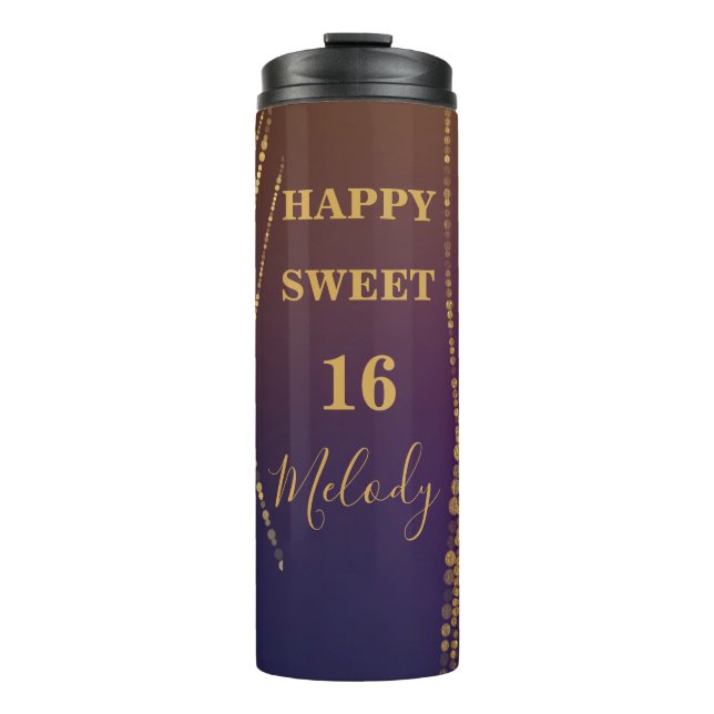 Trendy Sparkling Golden Burgundy Happy 16 Birthday Thermal Tumbler (Front)