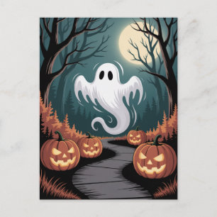 Trendy spooky Halloween Pumpkin Ghost Moon forest  Postcard
