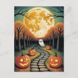 Trendy spooky Halloween Pumpkin Ghost Moon forest Postcard