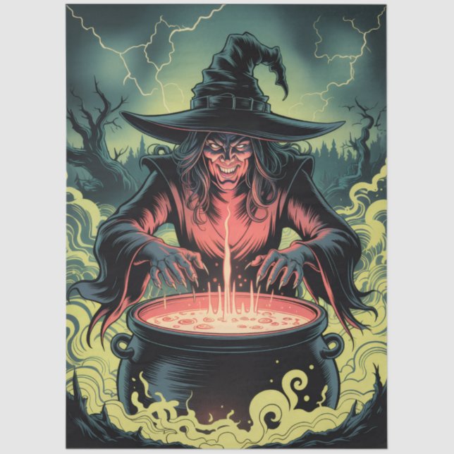 Trendy Spooky Halloween witch and Cauldron Tissue Paper (Front)