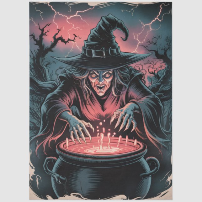 Trendy Spooky Halloween witch and Cauldron Tissue Paper (Front)