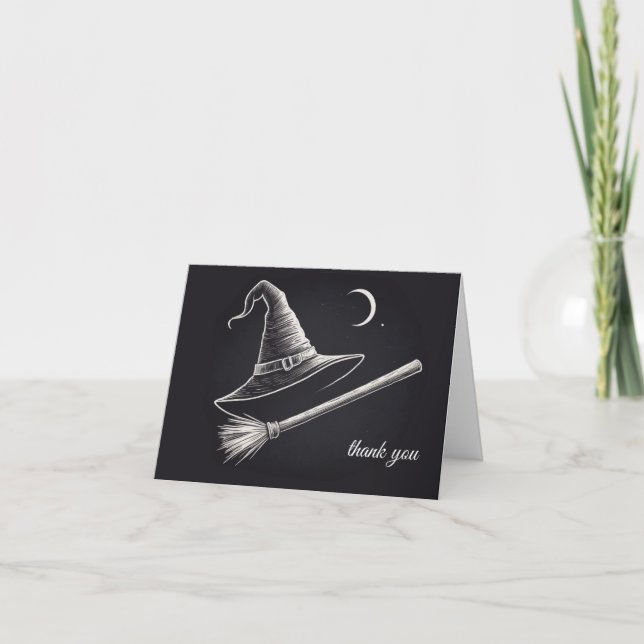 Trendy Spooky Halloween witch hat and broom black Thank You Card (Front)