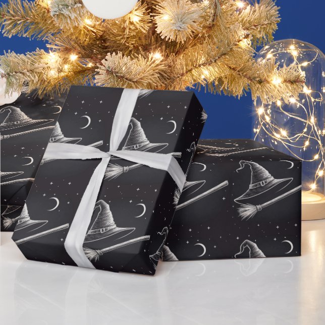 Trendy Spooky Halloween witch hat and broom black  Wrapping Paper (Holidays)