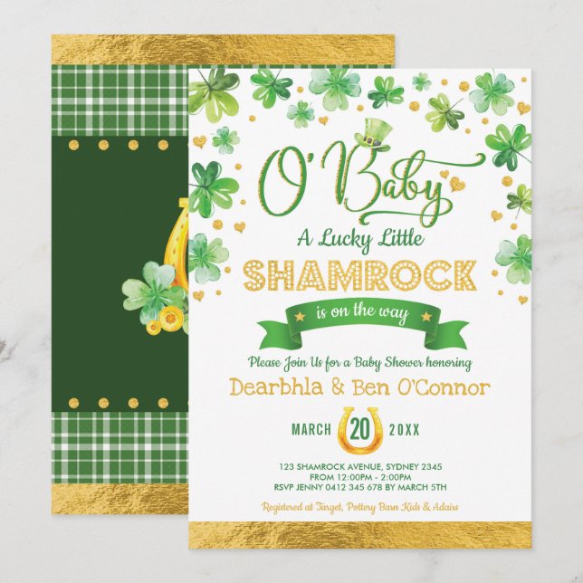Trendy St Patrick's Day Lucky Shamrock Baby Shower Invitation (Front/Back)